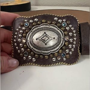 Streets Ahead | Brown Leather Belt Western Rhinestone Buckle Sz L